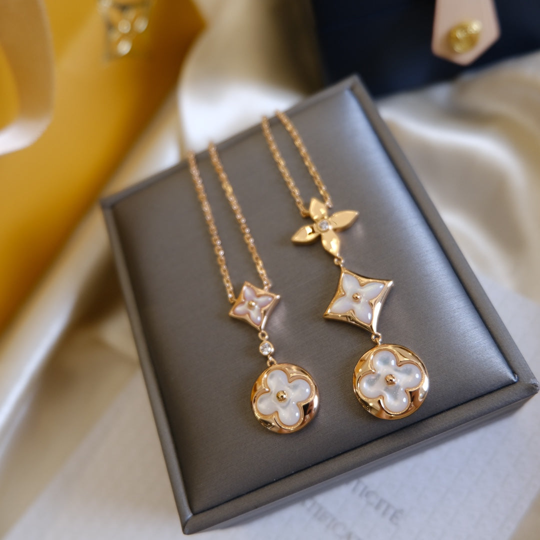 [✨ROSE✨]COLOR BLOSSOM LARIAT NECKLACE PINK GOLD WHITE MOTHER PEARL AND DIAMOND
