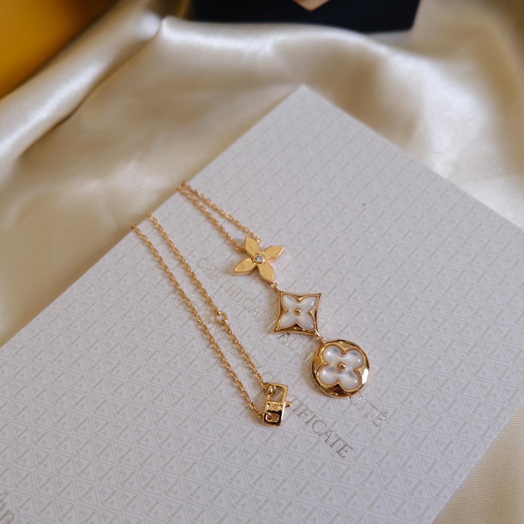 [✨ROSE✨]COLOR BLOSSOM LARIAT NECKLACE PINK GOLD WHITE MOTHER PEARL AND DIAMOND