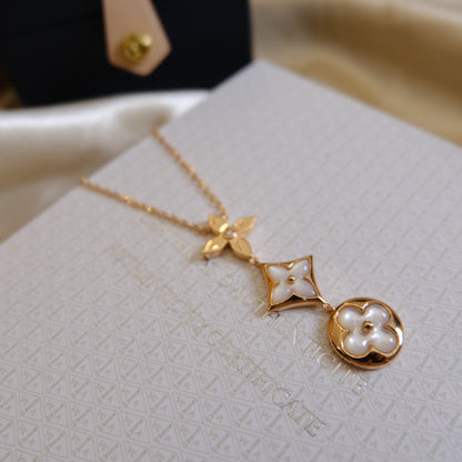 [✨ROSE✨]COLOR BLOSSOM LARIAT NECKLACE PINK GOLD WHITE MOTHER PEARL AND DIAMOND