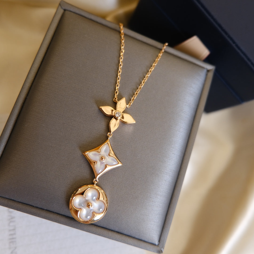 [✨ROSE✨]COLOR BLOSSOM LARIAT NECKLACE PINK GOLD WHITE MOTHER PEARL AND DIAMOND