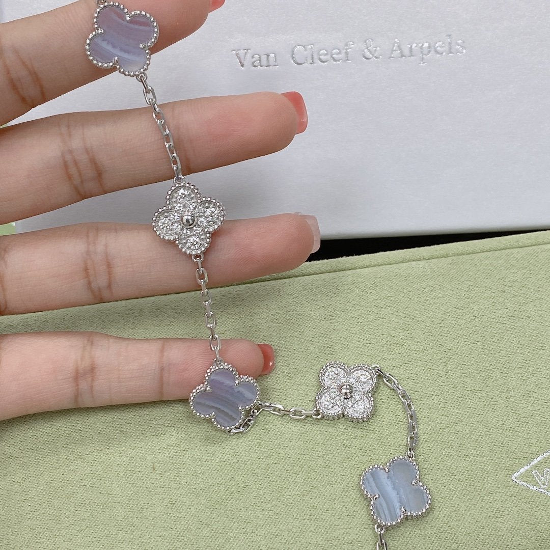 [✨ROSE✨]CLOVER  5 MOTIF DIAMOND PURPLE CHALCEDONY BRACELET SILVER