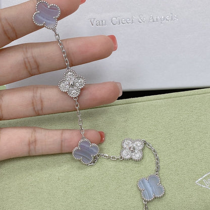 [✨ROSE✨]CLOVER  5 MOTIF DIAMOND PURPLE CHALCEDONY BRACELET SILVER
