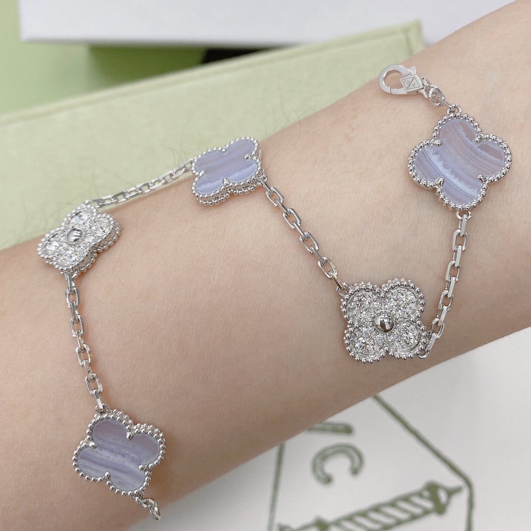 [✨ROSE✨]CLOVER  5 MOTIF DIAMOND PURPLE CHALCEDONY BRACELET SILVER