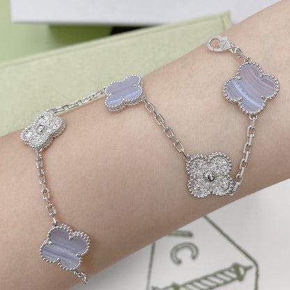 [✨ROSE✨]CLOVER  5 MOTIF DIAMOND PURPLE CHALCEDONY BRACELET SILVER