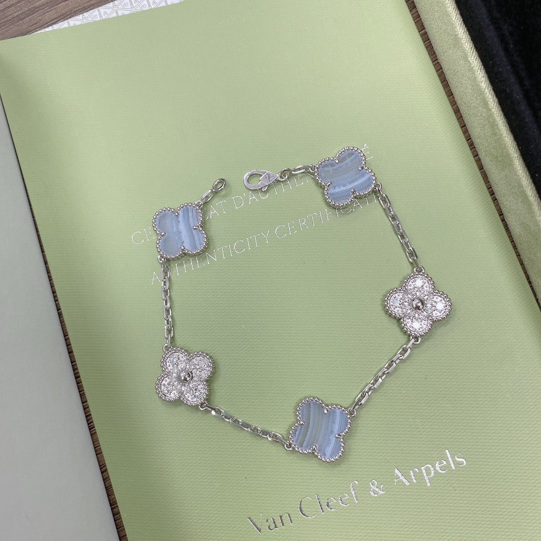 [✨ROSE✨]CLOVER  5 MOTIF DIAMOND PURPLE CHALCEDONY BRACELET SILVER