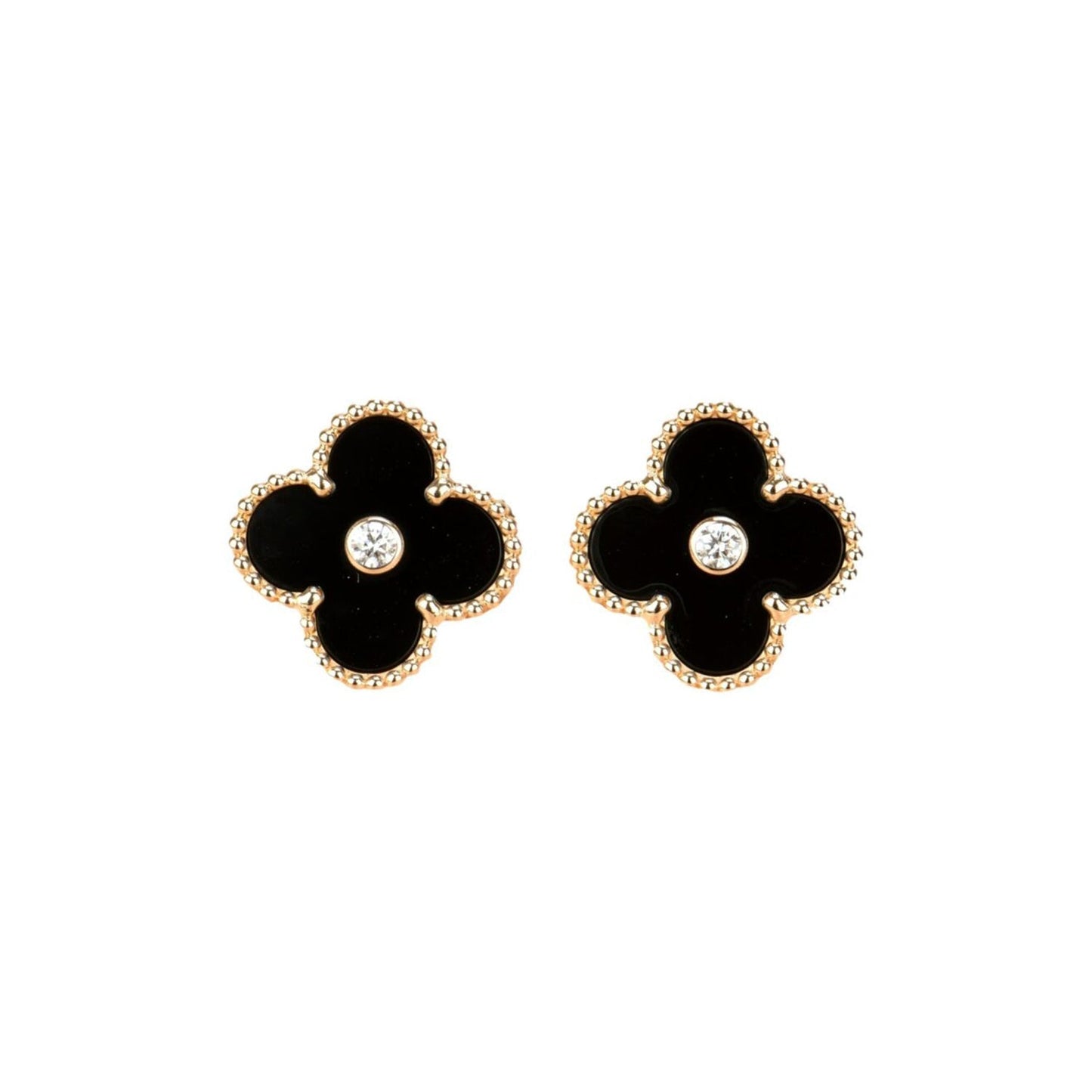 [✨ROSE✨]CLOVER MEDIUM 1 MOTIFS ONYX DIAMOND EARRINGS