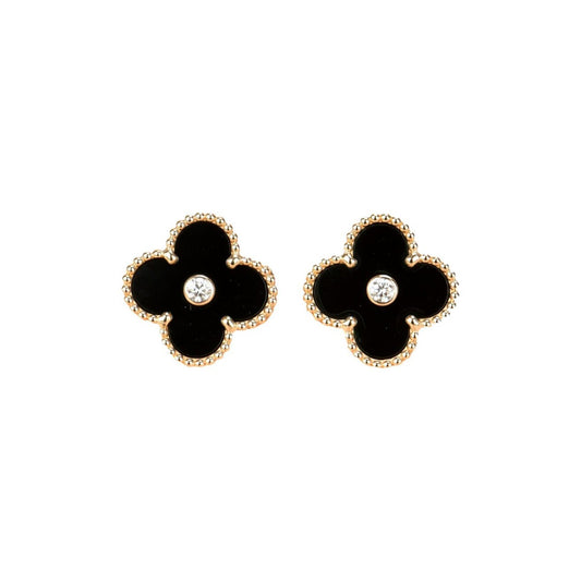 [✨ROSE✨]CLOVER MEDIUM 1 MOTIFS ONYX DIAMOND EARRINGS