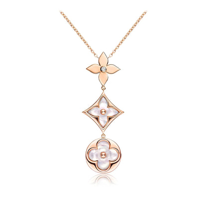 [✨ROSE✨]COLOR BLOSSOM LARIAT NECKLACE PINK GOLD WHITE MOTHER PEARL AND DIAMOND