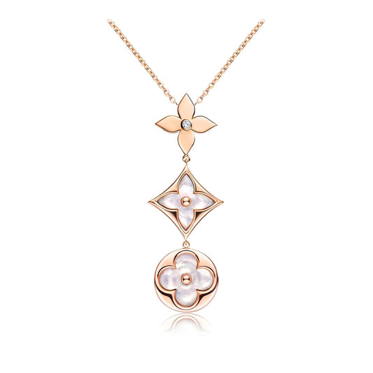 [✨ROSE✨]COLOR BLOSSOM LARIAT NECKLACE PINK GOLD WHITE MOTHER PEARL AND DIAMOND