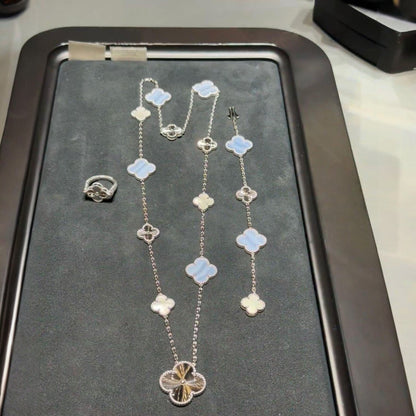 [✨ROSE✨]DETACHABLE CLOVER 15(11+4) FLOWER SILVER NECKLACE SET