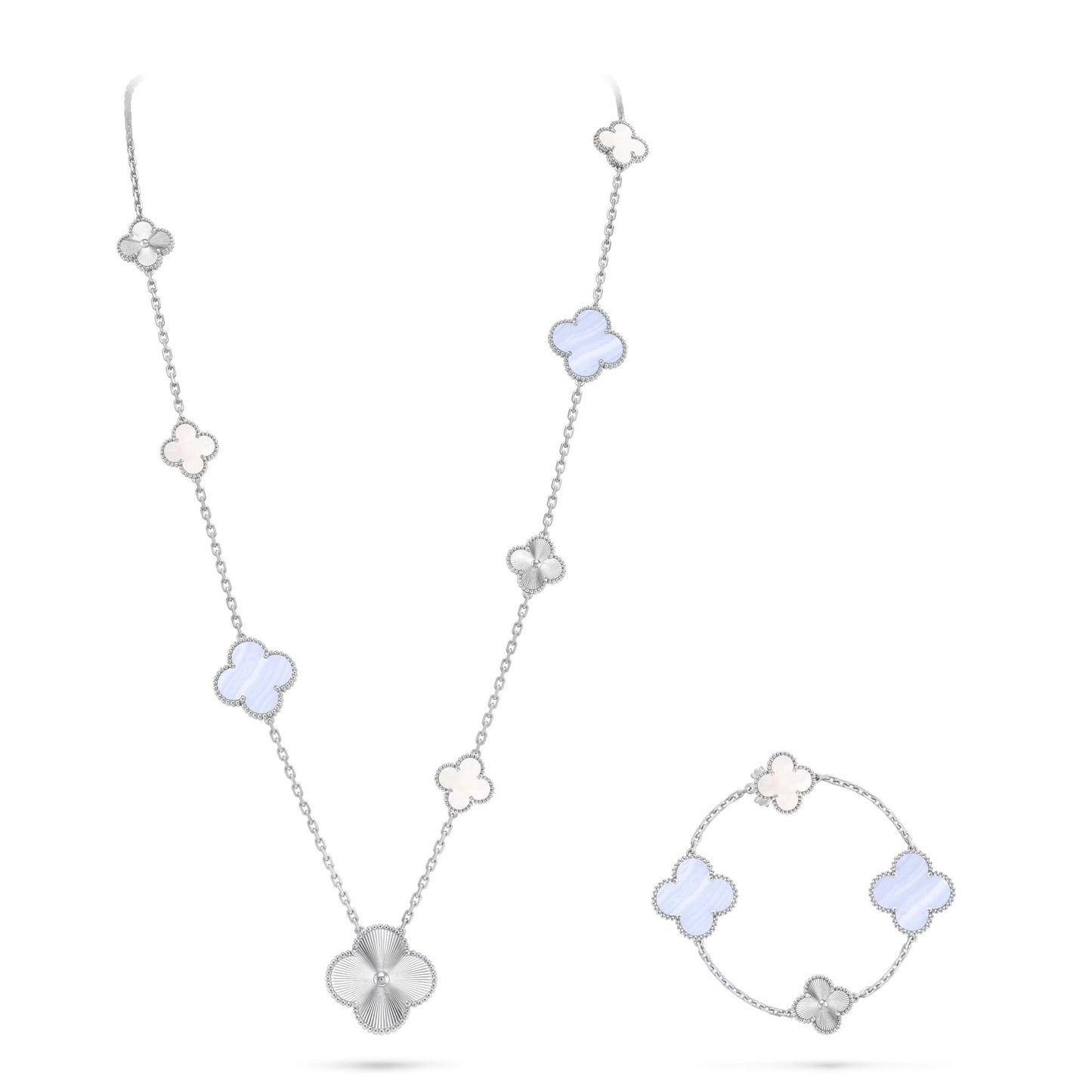 [✨ROSE✨]DETACHABLE CLOVER 15(11+4) FLOWER SILVER NECKLACE SET