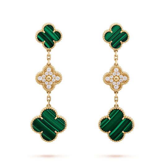 [✨ROSE✨]CLOVER EARRINGS GOLD MALACHITE DIAMOND 3 MOTIF