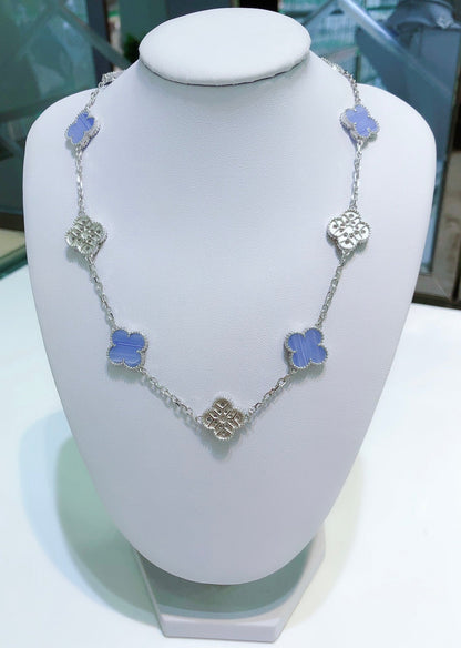 [✨ROSE✨]CLOVER 10 MOTIFS CHALCEDONY DIAMONDS SILVER NECKLACE