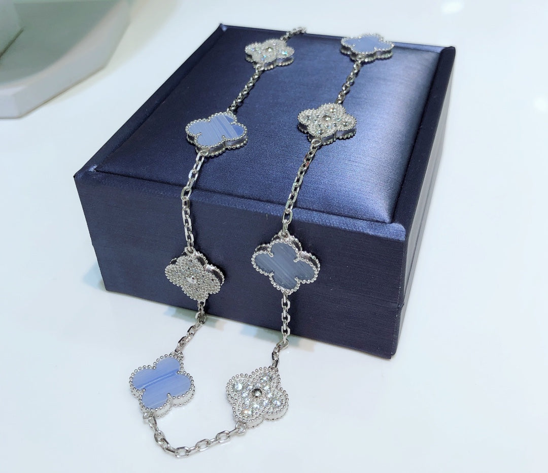 [✨ROSE✨]CLOVER 10 MOTIFS CHALCEDONY DIAMONDS SILVER NECKLACE