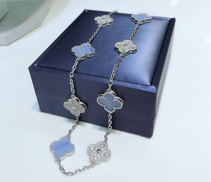 [✨ROSE✨]CLOVER 10 MOTIFS CHALCEDONY DIAMONDS SILVER NECKLACE