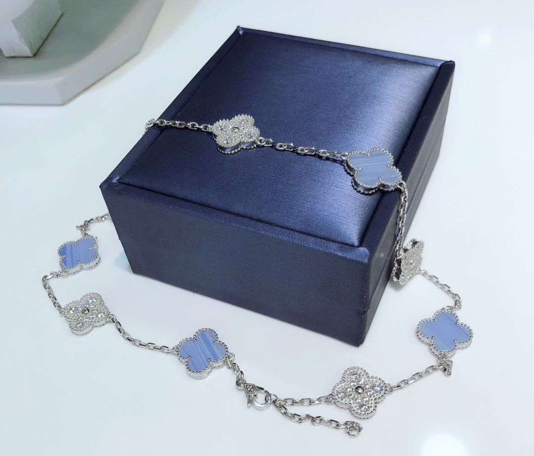[✨ROSE✨]CLOVER 10 MOTIFS CHALCEDONY DIAMONDS SILVER NECKLACE