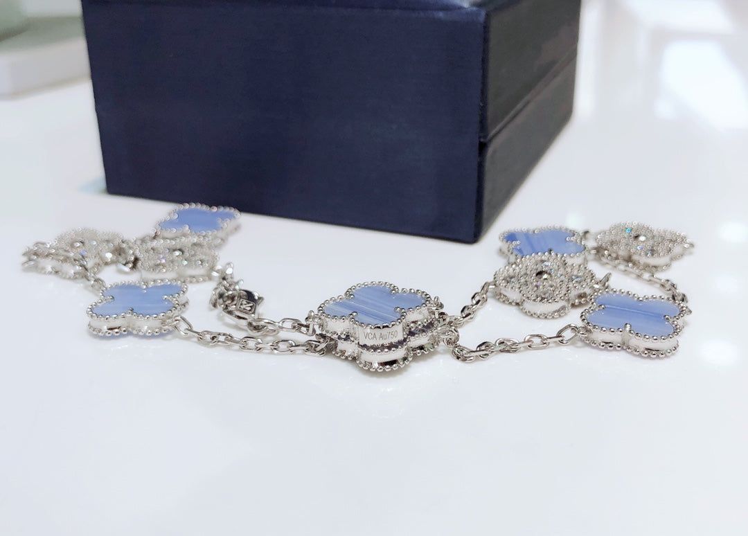 [✨ROSE✨]CLOVER 10 MOTIFS CHALCEDONY DIAMONDS SILVER NECKLACE