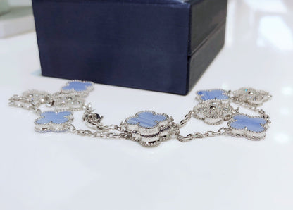 [✨ROSE✨]CLOVER 10 MOTIFS CHALCEDONY DIAMONDS SILVER NECKLACE