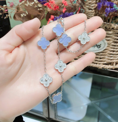[✨ROSE✨]CLOVER 10 MOTIFS CHALCEDONY DIAMONDS SILVER NECKLACE