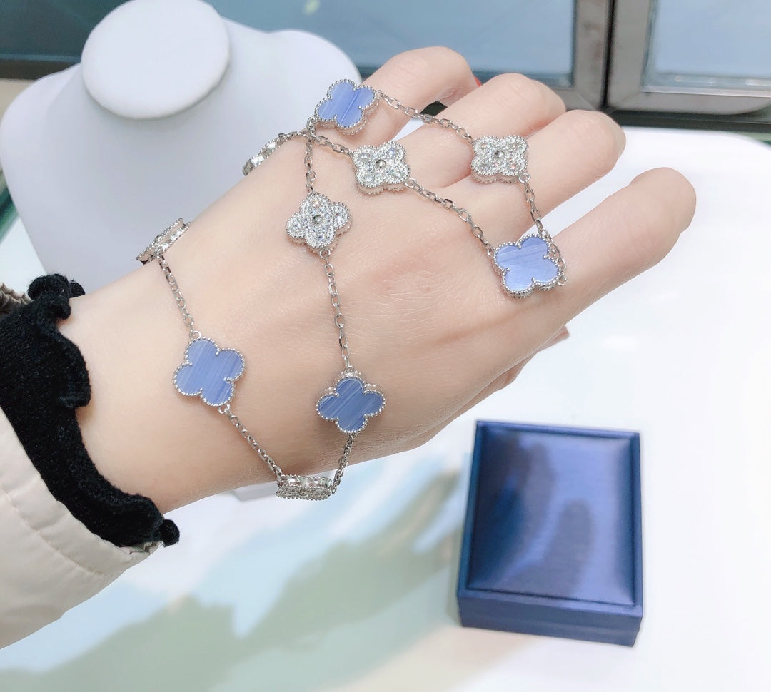[✨ROSE✨]CLOVER 10 MOTIFS CHALCEDONY DIAMONDS SILVER NECKLACE