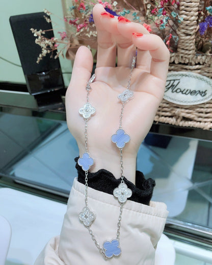 [✨ROSE✨]CLOVER 10 MOTIFS CHALCEDONY DIAMONDS SILVER NECKLACE