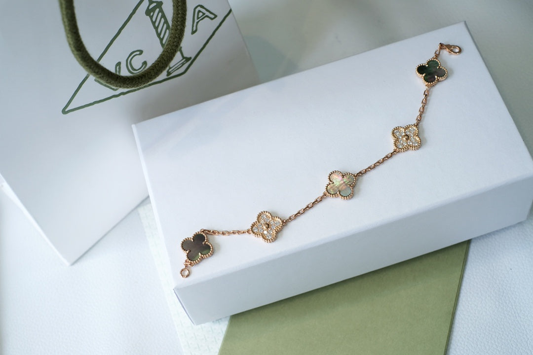 [✨ROSE✨]CLOVER 5 MOTIFS DARK MOP AND DIAMONDS PINK GOLD BRACELET