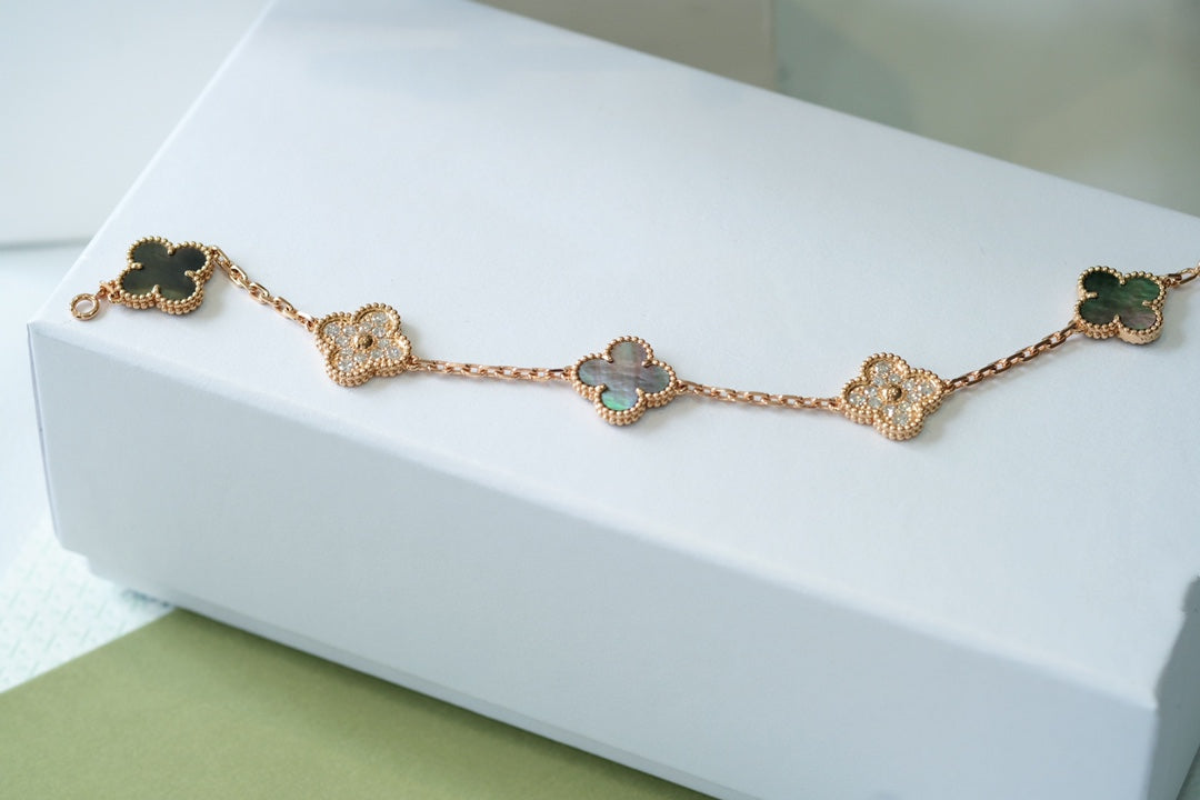 [✨ROSE✨]CLOVER 5 MOTIFS DARK MOP AND DIAMONDS PINK GOLD BRACELET