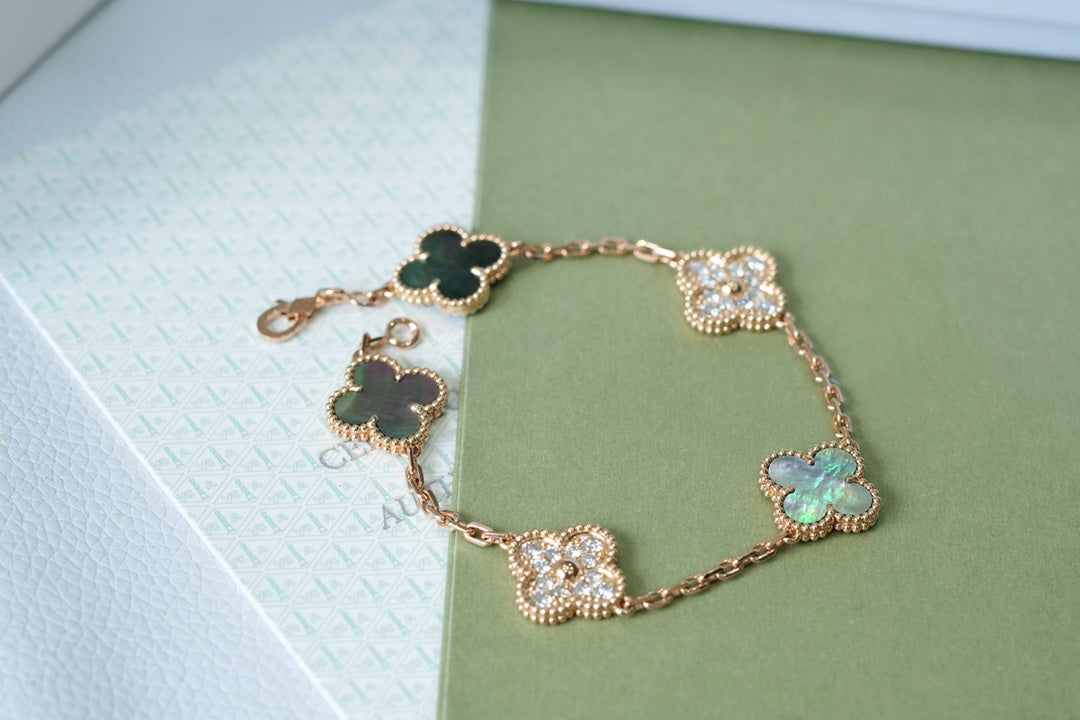 [✨ROSE✨]CLOVER 5 MOTIFS DARK MOP AND DIAMONDS PINK GOLD BRACELET